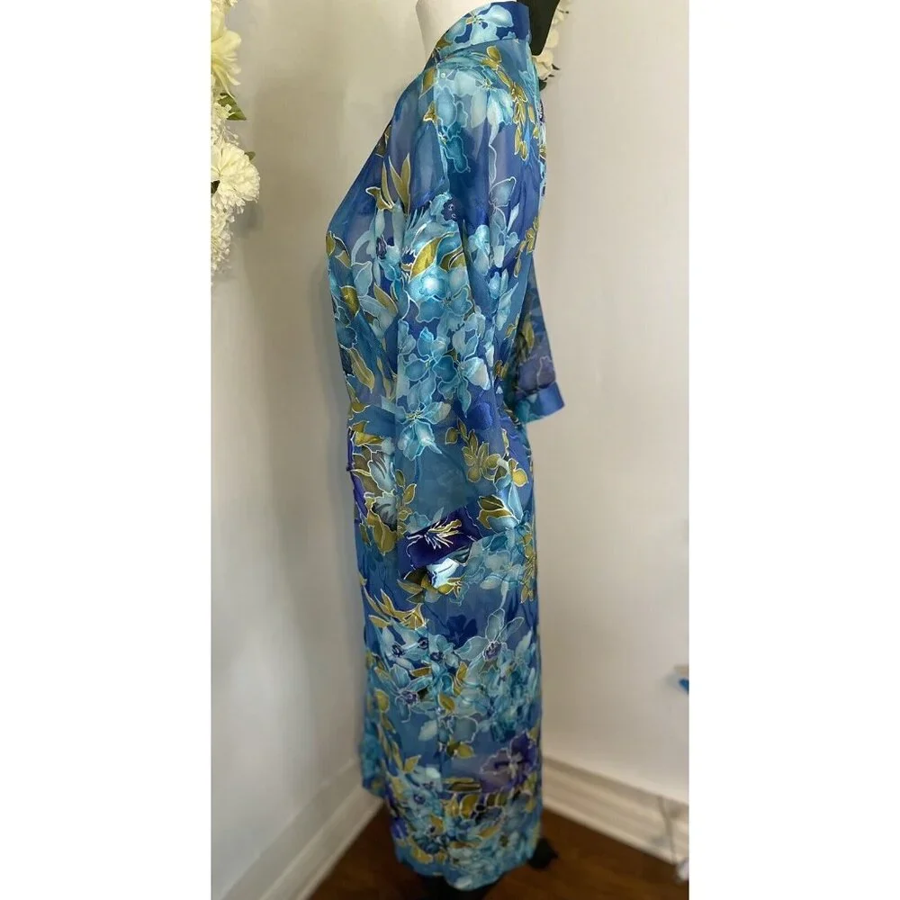 Vintage California Dynasty Blue Semi‎ Sheer Floral Long Robe Medium Pockets EUC